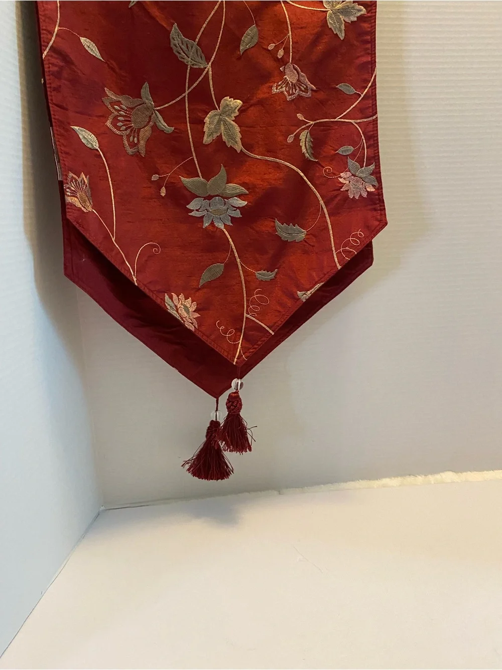 Table Runner Embroidered floral fabric multicolor on dark wine red W Tassels